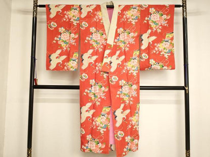 平和屋着物[]女の子 子供 長襦袢 袷 飛鶴花車文 逸品 未使用 AABJ5295ja
