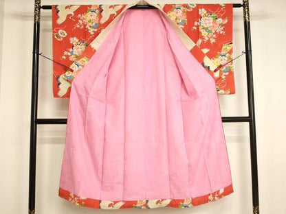 平和屋着物[]女の子 子供 長襦袢 袷 飛鶴花車文 逸品 未使用 AABJ5295ja
