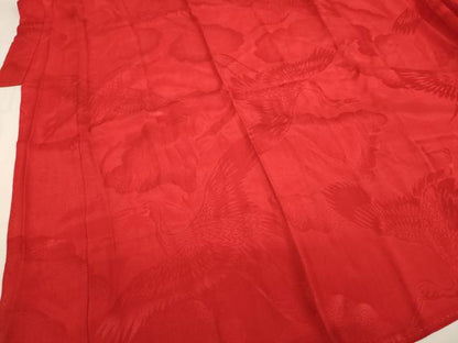 平和屋着物∵女の子　子供　長襦袢　袷　雲重ね飛鶴地紋　猩々緋色　半衿刺繍　逸品　AABJ5296ja