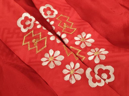 平和屋着物∵女の子　子供　長襦袢　袷　雲重ね飛鶴地紋　猩々緋色　半衿刺繍　逸品　AABJ5296ja