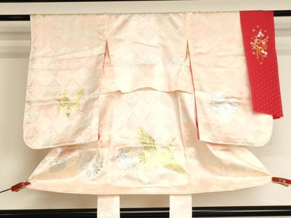 平和屋着物[]七五三　女の子　３歳　祝着　一つ身　半衿刺繍セット　飛鶴花文　金銀彩　洗える着物　AABJ5297ja