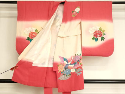 平和屋着物[]七五三　女の子　３歳　祝着　三つ身　飛鶴牡丹文　暈し染め　金彩　逸品　AABJ5301ja