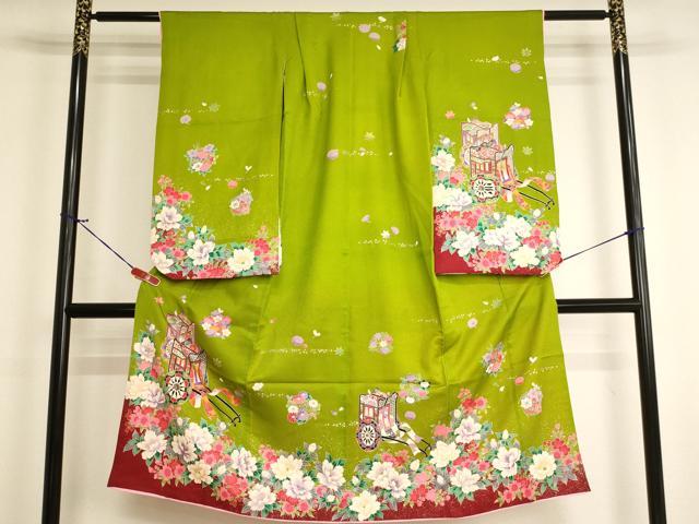 平和屋着物[]七五三　女の子　７歳　祝着　四つ身　御所車花文　逸品　AABJ5302ja