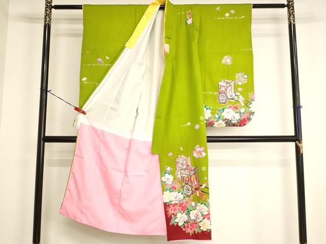 平和屋着物[]七五三　女の子　７歳　祝着　四つ身　御所車花文　逸品　AABJ5302ja