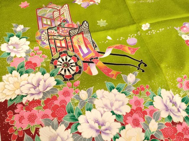 平和屋着物[]七五三　女の子　７歳　祝着　四つ身　御所車花文　逸品　AABJ5302ja