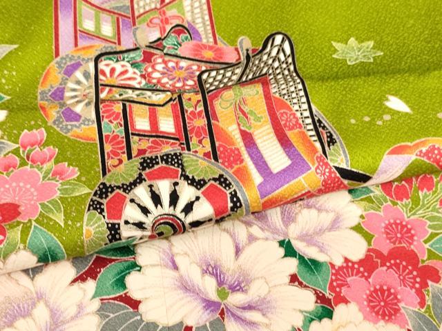 平和屋着物[]七五三　女の子　７歳　祝着　四つ身　御所車花文　逸品　AABJ5302ja