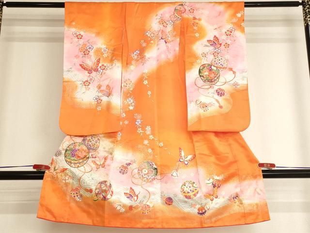 平和屋着物[]七五三　女の子　３歳　祝着　三つ身　手毬花蝶文　暈し染め　金彩　AABJ5304ja