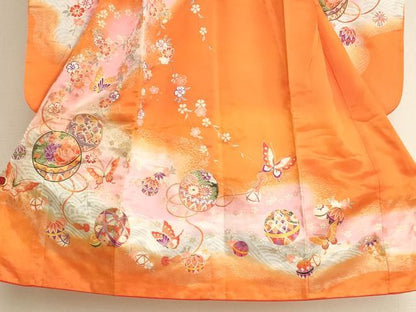 平和屋着物[]七五三　女の子　３歳　祝着　三つ身　手毬花蝶文　暈し染め　金彩　AABJ5304ja