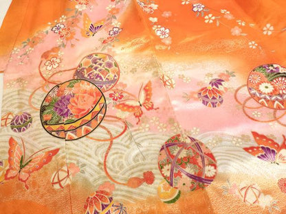 平和屋着物[]七五三　女の子　３歳　祝着　三つ身　手毬花蝶文　暈し染め　金彩　AABJ5304ja