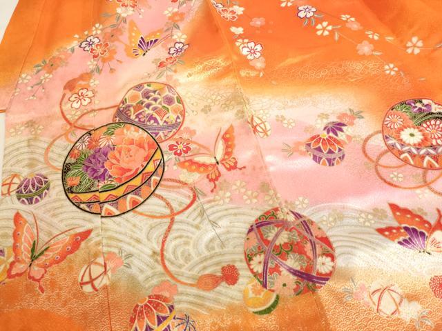 平和屋着物[]七五三　女の子　３歳　祝着　三つ身　手毬花蝶文　暈し染め　金彩　AABJ5304ja