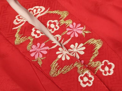 平和屋着物[]女の子 子供 長襦袢 袷 花車地紋 赤色 金彩 半衿刺繍 逸品 AABJ5306ja