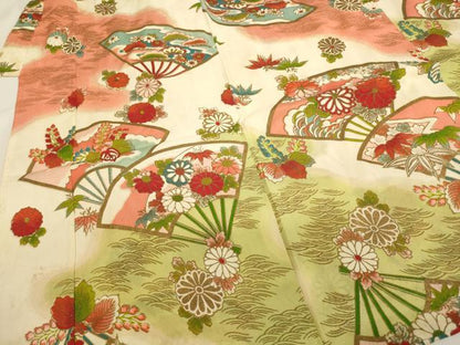 平和屋着物[]アンティーク　大正ロマン　七五三　女の子　７歳　祝着　四つ身　扇面花文　金彩　逸品　AABJ5307ja