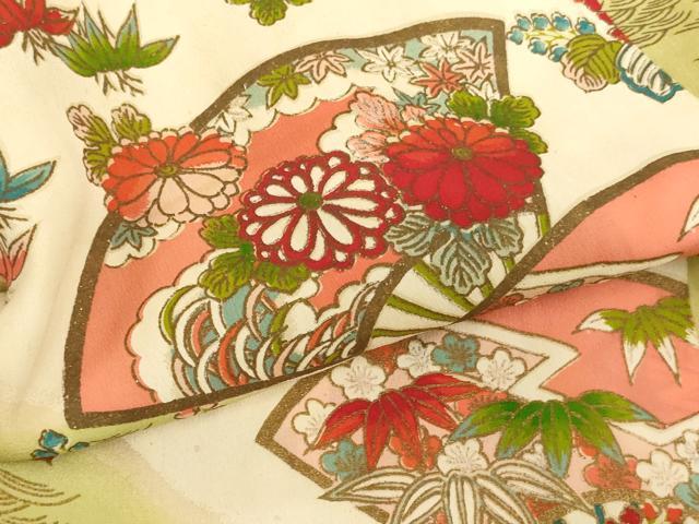 平和屋着物[]アンティーク　大正ロマン　七五三　女の子　７歳　祝着　四つ身　扇面花文　金彩　逸品　AABJ5307ja