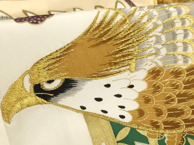 平和屋着物[]お宮参り　男の子　祝着　産着　初着　のしめ　刺繍　鷹　舞扇文　金糸　金彩　逸品　AABJ5311ja