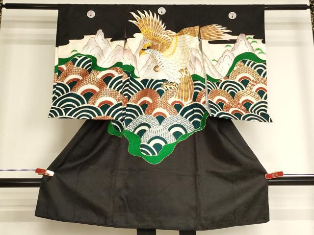 平和屋着物[]お宮参り　男の子　祝着　産着　初着　のしめ　刺繍　遠山鷹文　青海波　金糸　金彩　洗える着物　AABJ5314ja