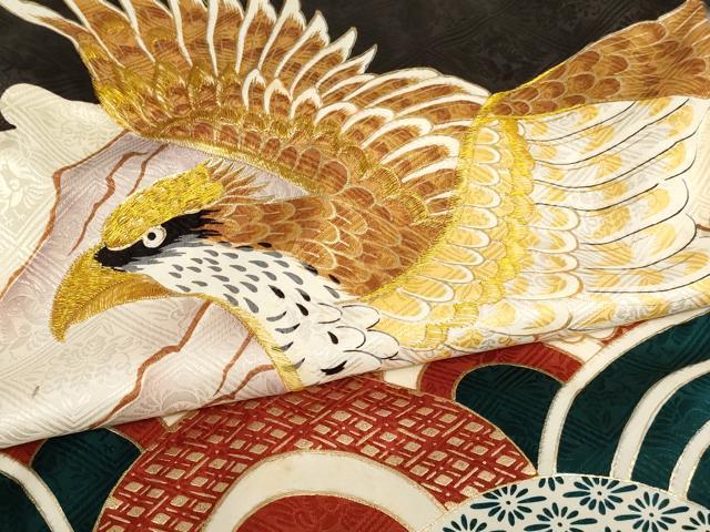 平和屋着物[]お宮参り　男の子　祝着　産着　初着　のしめ　刺繍　遠山鷹文　青海波　金糸　金彩　洗える着物　AABJ5314ja