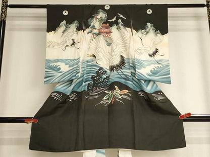 平和屋着物[]お宮参り　男の子　祝着　産着　初着　のしめ　刺繍　飛鶴風景文　暈し染め　金糸　金彩　逸品　AABJ5315ja