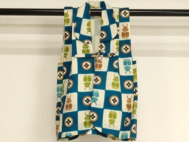 平和屋着物[]七五三 男の子 祝着・袖無し羽織セット 一つ身 市松文様 クワガタムシ 逸品 AABJ5316ja