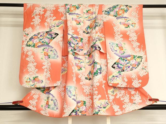 平和屋着物[]七五三　女の子　３歳　祝着　三つ身　扇面花鳥文　雉　暈し染め　金彩　逸品　AABJ5320ja