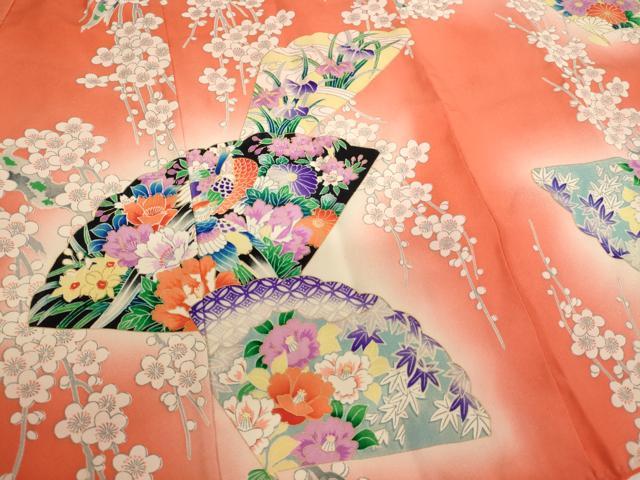 平和屋着物[]七五三　女の子　３歳　祝着　三つ身　扇面花鳥文　雉　暈し染め　金彩　逸品　AABJ5320ja