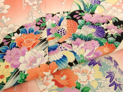 平和屋着物[]七五三　女の子　３歳　祝着　三つ身　扇面花鳥文　雉　暈し染め　金彩　逸品　AABJ5320ja