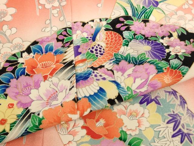 平和屋着物[]七五三　女の子　３歳　祝着　三つ身　扇面花鳥文　雉　暈し染め　金彩　逸品　AABJ5320ja