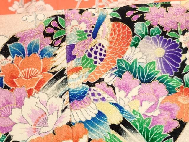 平和屋着物[]七五三　女の子　３歳　祝着　三つ身　扇面花鳥文　雉　暈し染め　金彩　逸品　AABJ5320ja