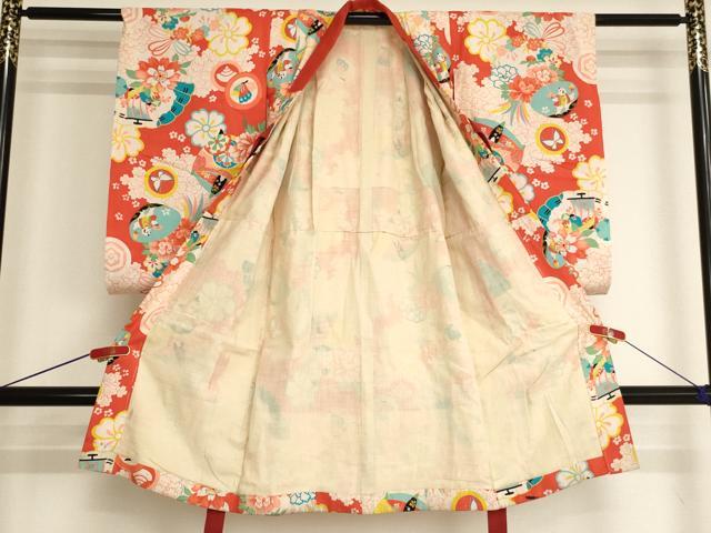 平和屋着物[]アンティーク　大正ロマン　女の子　子供　長襦袢　袷　扇面花蝶文　童子　逸品　AABJ5324ja