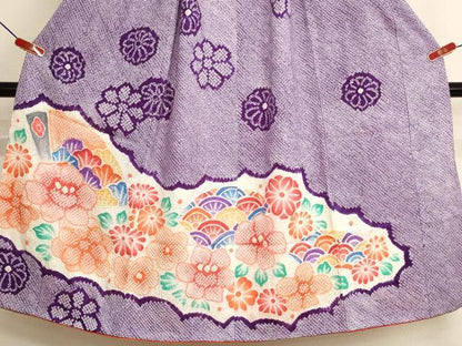 平和屋着物∵女の子　十三参り　子供　祝着・長襦袢（無双仕立て・半衿刺繍）・袋帯セット　総絞り　舞扇花文　逸品　AABJ5327ja