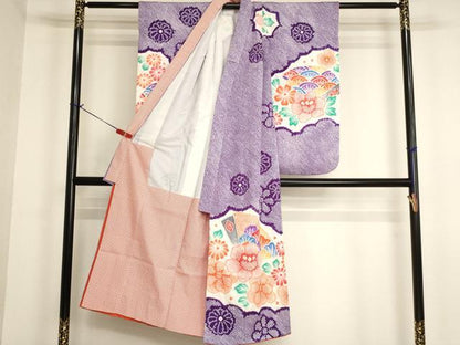 平和屋着物∵女の子　十三参り　子供　祝着・長襦袢（無双仕立て・半衿刺繍）・袋帯セット　総絞り　舞扇花文　逸品　AABJ5327ja