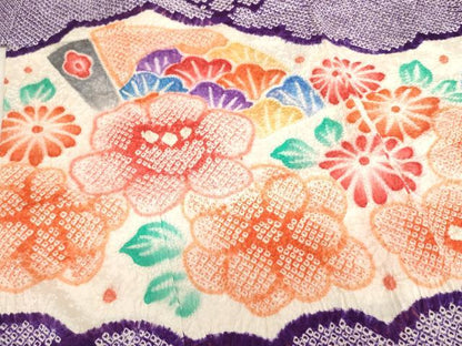 平和屋着物∵女の子　十三参り　子供　祝着・長襦袢（無双仕立て・半衿刺繍）・袋帯セット　総絞り　舞扇花文　逸品　AABJ5327ja