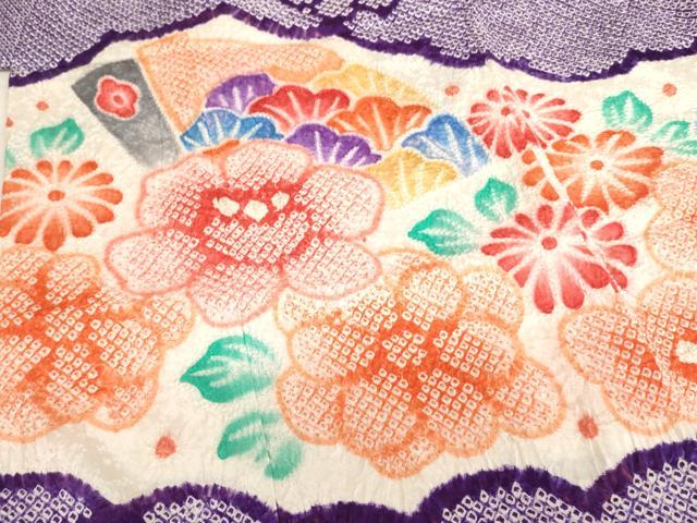 平和屋着物∵女の子　十三参り　子供　祝着・長襦袢（無双仕立て・半衿刺繍）・袋帯セット　総絞り　舞扇花文　逸品　AABJ5327ja