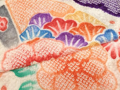 平和屋着物∵女の子　十三参り　子供　祝着・長襦袢（無双仕立て・半衿刺繍）・袋帯セット　総絞り　舞扇花文　逸品　AABJ5327ja
