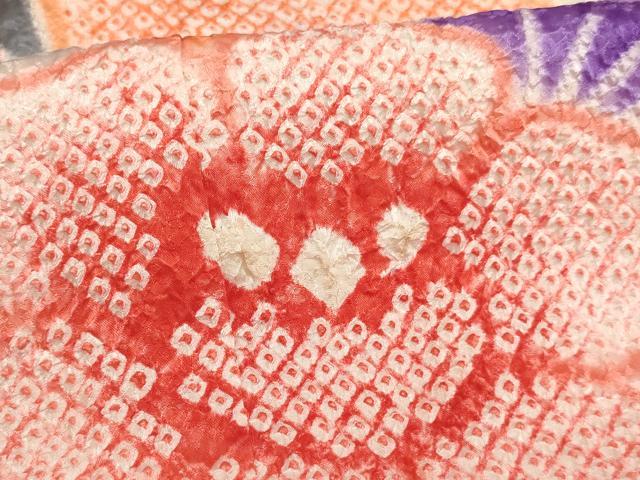 平和屋着物∵女の子　十三参り　子供　祝着・長襦袢（無双仕立て・半衿刺繍）・袋帯セット　総絞り　舞扇花文　逸品　AABJ5327ja