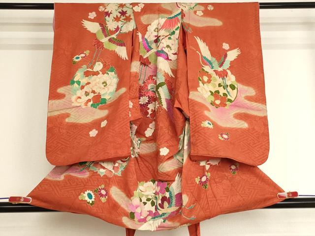 平和屋着物[]アンティーク　大正ロマン　七五三　女の子　３歳　祝着　一つ身　刺繍　飛鶴花丸文　金彩　逸品　AABJ5335ja