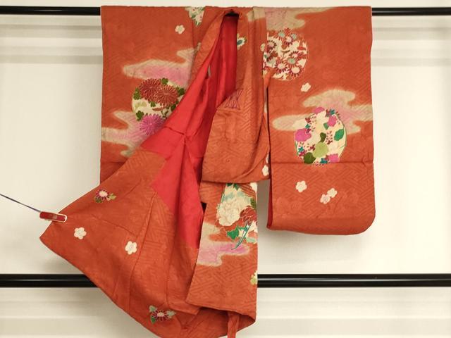 平和屋着物[]アンティーク　大正ロマン　七五三　女の子　３歳　祝着　一つ身　刺繍　飛鶴花丸文　金彩　逸品　AABJ5335ja