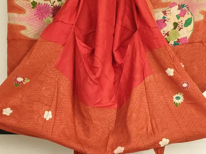 平和屋着物[]アンティーク　大正ロマン　七五三　女の子　３歳　祝着　一つ身　刺繍　飛鶴花丸文　金彩　逸品　AABJ5335ja