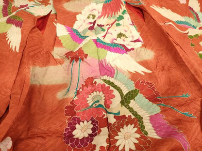 平和屋着物[]アンティーク　大正ロマン　七五三　女の子　３歳　祝着　一つ身　刺繍　飛鶴花丸文　金彩　逸品　AABJ5335ja