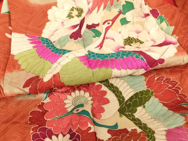 平和屋着物[]アンティーク　大正ロマン　七五三　女の子　３歳　祝着　一つ身　刺繍　飛鶴花丸文　金彩　逸品　AABJ5335ja