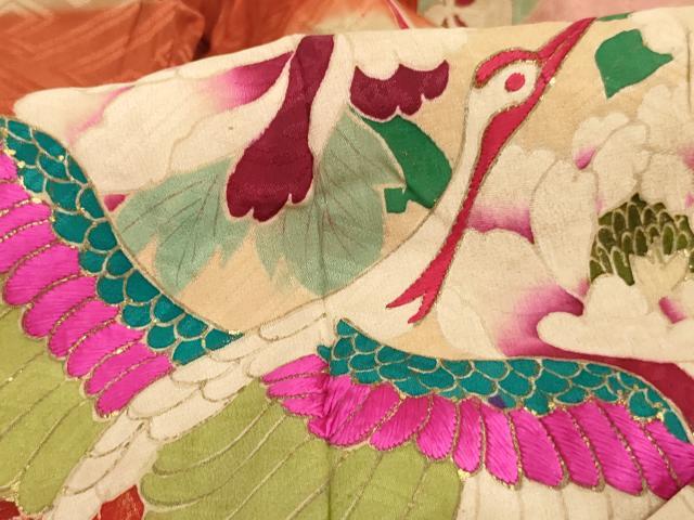 平和屋着物[]アンティーク　大正ロマン　七五三　女の子　３歳　祝着　一つ身　刺繍　飛鶴花丸文　金彩　逸品　AABJ5335ja