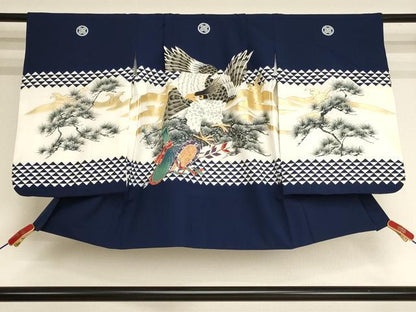 平和屋着物[]七五三　男の子　祝着・羽織・長襦袢（単衣）セット　鷹　松　金彩　AABJ5357ja