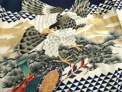 平和屋着物[]七五三　男の子　祝着・羽織・長襦袢（単衣）セット　鷹　松　金彩　AABJ5357ja