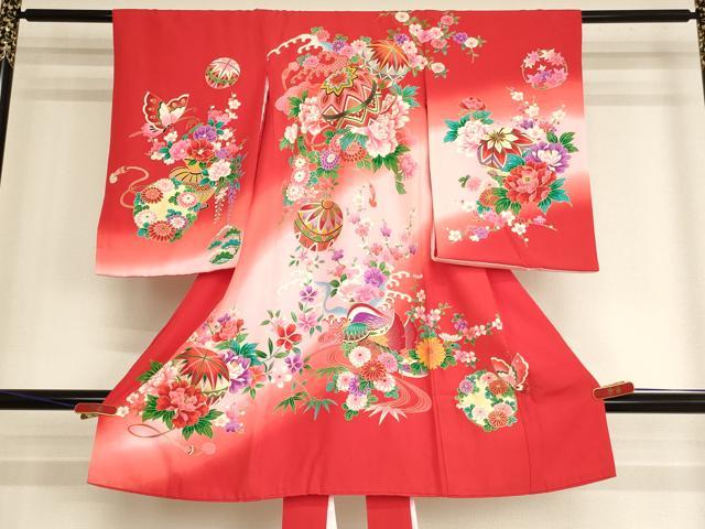 平和屋着物[]お宮参り　女の子　祝着　産着　初着　のしめ　花手毬文　鴛鴦　暈し染め　金銀彩　逸品　AABJ5362ja