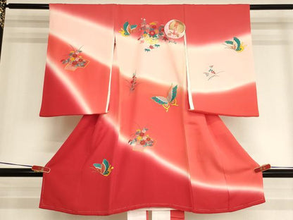 平和屋着物[]お宮参り　女の子　祝着　産着　初着　のしめ　総刺繍　駒刺繍　花籠舞蝶文　逸品　未使用　AABJ5363ja