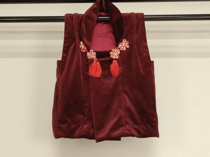 平和屋着物[]七五三　女の子　３歳　祝着　三つ身　長襦袢（無双仕立て）・被布セット　総絞り　花手毬文　ベロア　逸品　AABJ5373ja