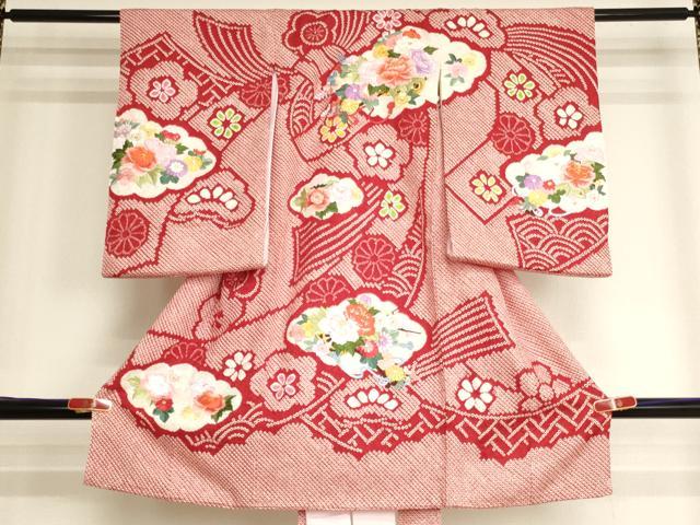 平和屋着物[]お宮参り　女の子　祝着　産着　初着　のしめ　絞り　刺繍　花車文　金糸　逸品　未使用　AABJ5377ja
