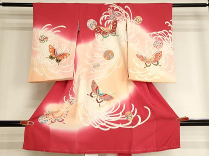 平和屋着物[]お宮参り　女の子　祝着　産着　初着　のしめ　花蝶文　手毬　暈し染め　金銀彩　逸品　未使用　AABJ5378ja