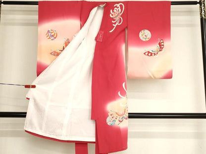 平和屋着物[]お宮参り　女の子　祝着　産着　初着　のしめ　花蝶文　手毬　暈し染め　金銀彩　逸品　未使用　AABJ5378ja