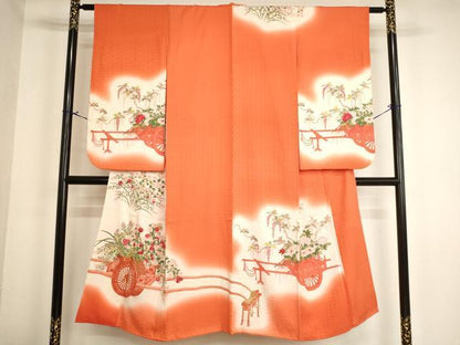 平和屋着物∵女の子　十三参り　子供　祝着　駒刺繍　花車文　暈し染め　金銀糸　逸品　AABJ5380ja