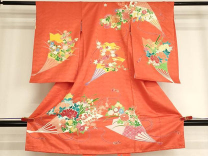 平和屋着物[]七五三　女の子　３歳　祝着　一つ身　駒刺繍　扇面花文　金彩　逸品　未使用　AABJ5391ja